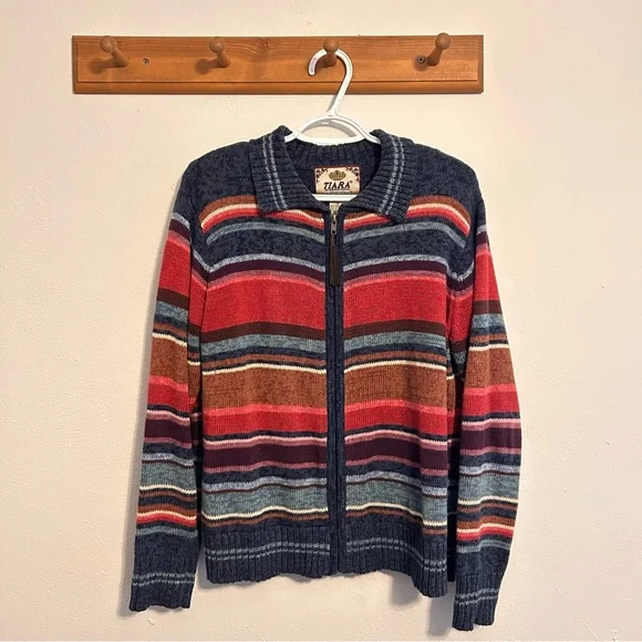 Vintage Women's Multicolor Striped Zip-Up Sweater Size Medium Cotton Blend - Picture 1 of 5